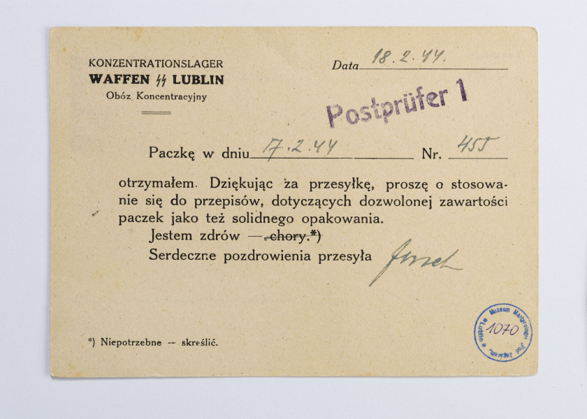Karta pocztowa napisana przez Zenona Waśniewskiego więźnia obozu KL Lublin (majdanek) informująca, że otrzymał paczkę w dniu 17.2.1944 roku, karta zaadresowana do żony Michaliny Waśniewskiej.