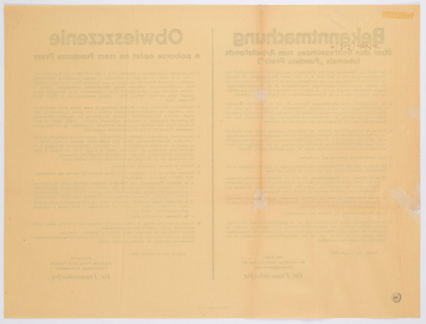 H/515/MRK/ML - Obwieszczenie o poborze opłat na rzecz Funduszu Pracy. Afisz drukowany na żółtym papierze. Tekst dwujęzyczny (po niemiecku i po polsku). Podpisane przez Kierownika Wydziału Pracy przy Urzędzie Generalnego Gubernatora Dr. Frauendorfera.