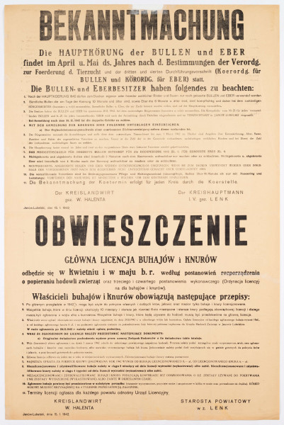 Obwieszczenie o głównej licencji buhajów i knurów, mający się odbyć w kwietniu i maju 1942 r. Afisz drukowany na beżowym papierze. Podpisał starosta powiatowy Lenk. Tekst dwujęzyczny (po niemiecku i po polsku).