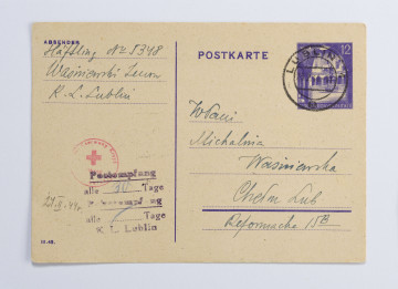 Karta pocztowa napisana przez Zenona Waśniewskiego więźnia obozu KL Lublin (majdanek) informująca, że otrzymał paczkę w dniu 17.2.1944 roku, karta zaadresowana do żony Michaliny Waśniewskiej.