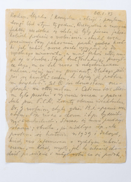Gryps napisany przez Zenona Waśniewskiego przebywającego w więzieniu na Zamku w Lublinie, gryps skierowany do żony Michaliny, 2 strony zapisane ołówkiem pismo od lewej do prawej.