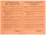 Rozporządzenie o cennikach wydane przez Generalnego Gubernatora Hansa Franka. Afisz drukowany na pomarańczowym papierze. Reguluje sposób podawania cen towarów. Tekst rozporządzenia dwujęzyczny (po niemiecku i po polsku). 