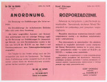 Rozrządzenie w sprawie zakazu korzystania z jakichkolwiek samochodów. Wydane przez Szefa Okręgu Lubelskiego Gubernatora Schmidta. Afisz drukowany na różowym papierze. Tekst dwujęzyczny (po niemiecku i po polsku).