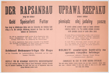 Plakat reklamujący korzyści płynące z uprawy rzepaku. Afisz drukowany na pomarańczowym papierze. Tekst dwujęzyczny (po niemiecku i po polsku).