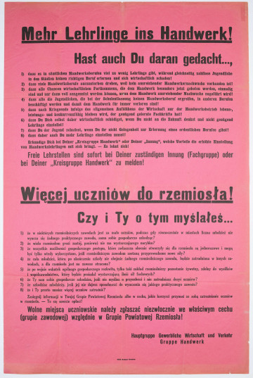 Obwieszczenie o naborze do szkół rzemieślniczych. Afisz drukowany na różowym papierze. Tekst dwujęzyczny (po niemiecku i po polsku).