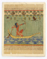 Ilustracja przedstawia mężczyznę polującego na ptaka. Mężczyzna płynie łodzią trzcinową i celuje z łuku w kierunku lecącego ptaka. W tle gęsta trzcina papirusowa. 