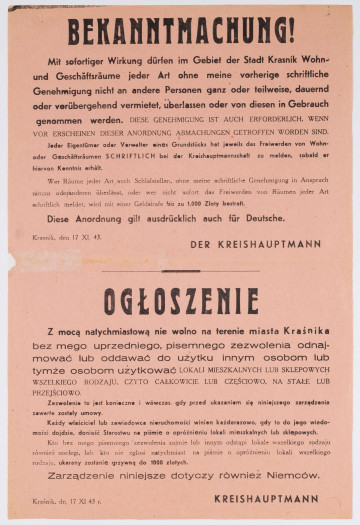 Ogłoszenie dotyczące zakazu wynajmu lokali w Kraśniku, wydane przez Kreishauptmanna (starostę). Afisz drukowany na rózowym papierze. Ogłoszenie mówi o konieczności posiadania pisemnego zezwolenia na wynajmowanie lokali w Kraśniku, o zakazie wynajmu bez zezwolenia i wymiarze kar za to. Ogłoszenie dwujęzyczne (po niemiecku i po polsku).