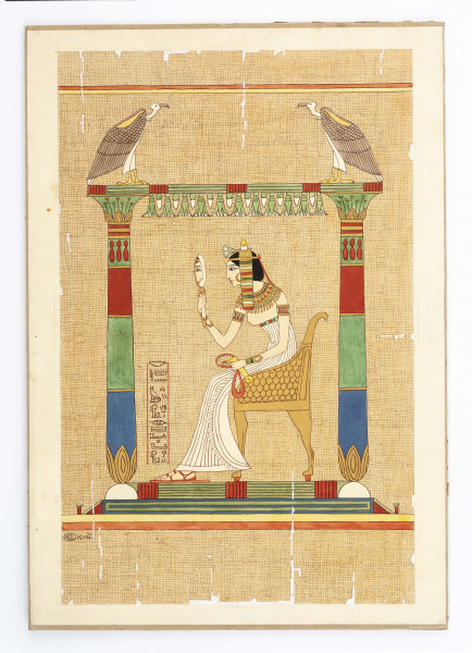 Ilustracja przedstawia kapłankę Kamę, która obserwuje swoją twarz w lustrze. Kobieta siedzi na bogato zdobionym krześle, między dwiema kolumnami, na szczycie których siedzą dwa sępy. 
