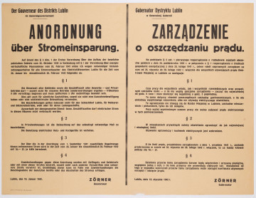 Zarządzenie o oszczędzaniu prądu. Wydane przez Gubernatora dystryktu Lublin Zornera. Afisz drukowany na beżowym papierze. Tekst dwujęzyczny (po niemiecku i po polsku).