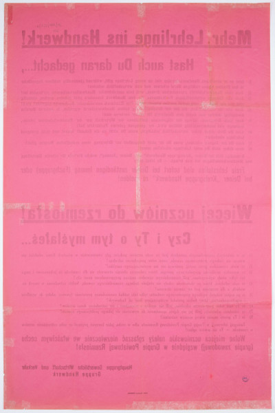 H/522/MRK/ML - Obwieszczenie o naborze do szkół rzemieślniczych. Afisz drukowany na różowym papierze. Tekst dwujęzyczny (po niemiecku i po polsku).