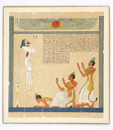 Ilustracja przedstawia czterech mężczyzn. Po lewej stronie ukazany jest lewitujący kapłan chaldejski, któremu oddają pokłon trzej kapłani egipscy.
