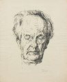 Ujęcie z przodu w oddaleniu. Głowa starszego, łysiejącego mężczyzny, pisarza Gerharda Hauptmanna, ukazana en face, w zbliżeniu.