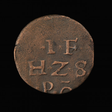 Szerf - awers; Miedziana moneta księcia Jana Fryderyka z napisem i gryfem. Na awersie napis w trzech wierszach ⁎I⁎F | H⁎Z⁎S | P⁎ō (Jan Fryderyk, książę szczecińsko-pomorski).