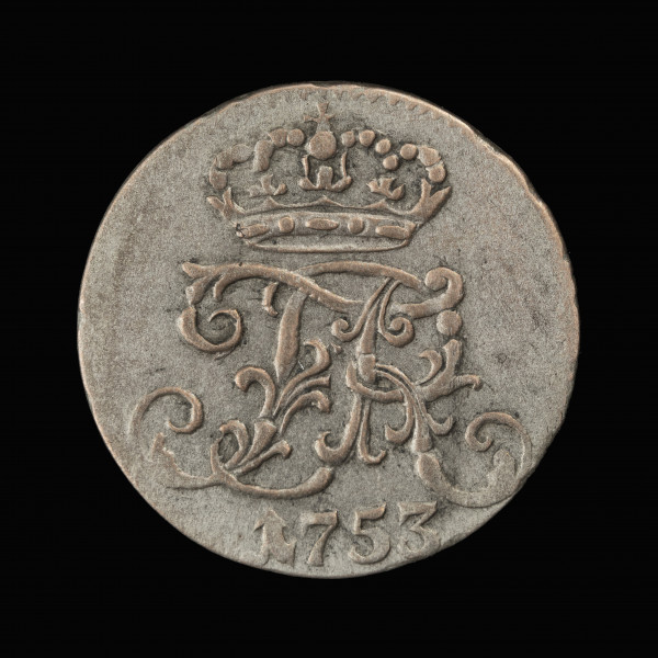 1/24 talara - awers; Moneta srebrna z monogramem królewskim i napisem strefowym. Na awersie ukoronowany monogram królewski FR, poniżej data 1753.