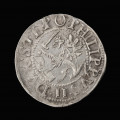 Grosz - awers; Srebrna moneta książęca z gryfem i jabłkiem panowania. Na awersie ukoronowany gryf w lewo, trzymający w łapach uniesiony miecz i księgę. W perełkowym otoku tytulatura: PHILIPPUS·II·DVX·STE·PO