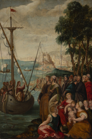 Kazanie z łodzi - ujęcie z przodu; Na tle rozległego krajobrazu po lewej stronie zakotwiczona łódź z Chrystusem i apostołami, po prawej stronie - tłum ludzi na brzegu jeziora. W tłumie na pierwszym planie siedzące, zwrócone ku sobie 4 kobiety z nagimi niemowlętami na rękach, zwrócony ku nim, ukazany tyłem młodzieniec oraz grupa stojących mężczyzn patrzących w kierunku łodzi na jeziorze. Za nimi smukłe drzewa o pierzastych liściach, wypełniające prawą część kompozycji oraz oddalone sylwetki ludzkie. Łódź o pękatym kadłubie, smukłych masztach i zwiniętych żaglach, przedstawiona w ujęciu w 3/4 od strony dziobu. Chrystus ujęty z profilu, z uniesionym prawym ramieniem, Zwrócony w stronę  brzegu; za nim 4 postacie apostołów. Brzeg jeziora biegnie zygzakowatą linią w głąb kompozycji w oddali sylwetki łodzi o rozpiętych żaglach. Pośrodku kompozycji urwista skarpa na której wznosi się wysoki zamek. Za skarpą po prawej stronie - zarys miasta o potężnych budowlach i sznur idących ludzi. Nad umieszczonym w 2/3 wysokości kompozycji horyzontem pokryte chmurami niebo. Postacie pierwszego planu w barwnych strojach (różne odcienie brązów i beżów, czerwień, róż, błękit). Woda jeziora o barwie szmaragdowej, w głębi obrazu rozjaśniona. Korony drzew o chłodnej barwie zielonej, z jaśniejszymi blikami. Zamek i miasto na horyzoncie kremowo-szare. Niebo jasnoszare, wyżej ciemniejsze chmury.