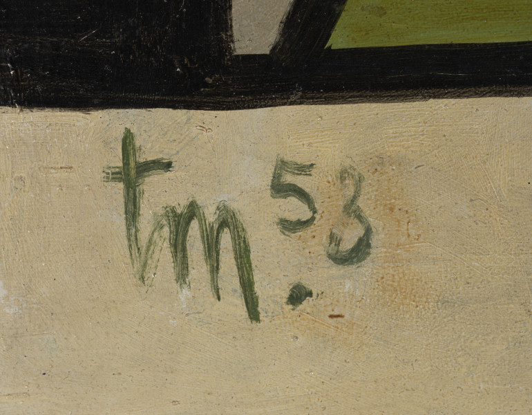 Zabawa w wojnę - detal; ujęcie fragmentu lewego dolnego rogu obrazu. Na jasnożółtym tle sygnatura autora w kolorze brudnej zieleni napis tm. 53.