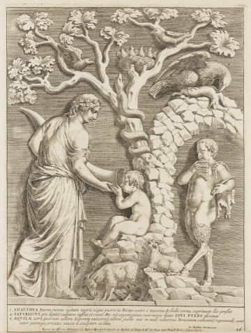 Amaltea karmiąca małego Jowisza - ujęcie z przodu; Plansza 26 z albumu Starożytności rzymskich z odwzorowywaniami zabytków antycznego Rzymu i jego okolic, przedstawia relief ze sceną mitologiczną. Kompozycja w formie pionowego prostokąta, w konturowej ramce, jest reprodukcją antycznego dzieła odnalezionego w siedzibie Giustinianich. Przedstawia trzyczęściową scenę mitologiczną, w której, pod numerem 1. nimfa Amaltea karmi z rogu obfitości małego Jowisza siedzącego przed kamiennym wejściem do groty, w której był ukryty przed wzrokiem Saturna. Pod numerem 2. satyr stojący pod arkadą gra na syrindze, aby zagłuszyć głos Jowisza. Pod numerem 3. na drzewie przy grocie znajduje się gniazdo orła, atrybut Jowisza.