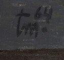 Krematorium - detal; na ciemnografitowym tle sygnatura autora pisana ciemnogranatowa farbą tm.64