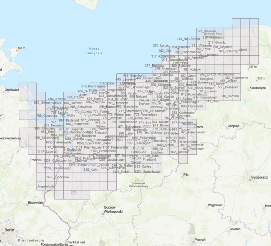 Przybliżona lokalizacja w geoportalu naniesionych nazw toponimów, dawnych nazw ludowych wskazanych na poniemieckiej mapie 215 Wobesde I