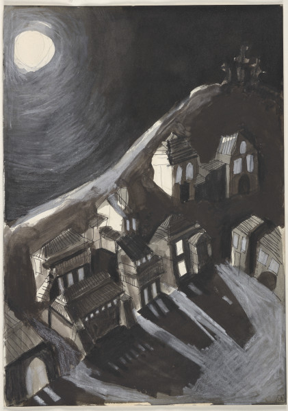 Rysunek utrzymany w tonacji czarno-biało-szarej. Elementy architektoniczne rysowane są w sposób uproszczony, konturowo, czarnym cienkopisem, wypełnione lawowaniem, kredką lub pozostawione bez wypełnienia dla podkreślenia światłocienia. Kompozycja przedstawia pejzaż nocny - w centralnej części kompozycji przedstawione zostały południowo-wschodnia i fragment wschodniej pierzei rynku miasteczka wraz z częścią dziedzińca, zabudowane kamienicami. Po prawej stronie, ponad dachami domów, wznosi się wzgórze, do którego prowadzi droga, wyróżniająca się jasnoszarym kolorem na tle ciemnej tonacji całości rysunku. Na szczycie wzgórza narysowane soztaly trzy krzyże. W lewym górnym narożu znajduje się okrągły księżyc zaznaczony konturem, bez wypełnienia, przez co stanowi dominującą jasną plamę barwną. Blask księżyca zaznaczony został poprzez jasnoszare okręgi wokół, narysowane na czarnym tle nieba.