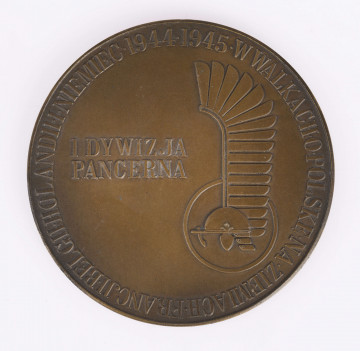 H/2448/MRK/ML - Medal pamiątkowy bity w brązie średnicy 7 cm, na awersie napis 1. Dywizja Pancerna i Odznaka rospoznawcza Dywizji.