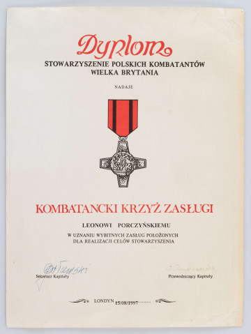 H/2473/MRK/ML - Dyplom nadania Kombatanckiego Krzyża Zasługi. Londyn 1997
