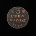 3 fenigi (witen) - rewers; Na rewersie poziomy napis: 3/PFEN/NINGE/1792