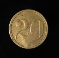 20 fenigów (skarb z Rarwina) - rewers; Na rewersie w perełkowej obwódce dużymi cyframi oznaczenie wartości: 20. Rant gładki.