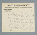 Odręczny list napisany na obu stronach pojedynczej karty papieru firmowego. U góry strony nadruk: „GŁOS GOSPODARCZY” | ORGAN | FEDERACJI ZRZESZEŃ PRZEDSTAWICIELI HANDLOWYCH i KOMISANTÓW R. P. Na odwrocie dopisek na lewym marginesie.
Z treści: Mój Drogi! Zaczynam od daty, czego Ty nie czynisz. A to jest szczegół, który nie raz ma duże znaczenie. Przechodząc do sprawy Gł. G. zawiadamiam, że dziś wysłaliśmy ekspresową przesyłkę 5 numerów N 10, 15 – N 12 oraz N 3 r. b. – 10. Ponadto 50 blankietów i kopert. […]