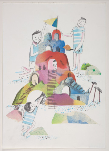 kolaż - Przedstawienie wielobarwne czterech chłopców i niewysokiej budowli z niewielkimi oknami i z żółto-niebieską flagą (element naklejony) na szczycie. Trzech chłopców (rysunki podmalowane ekoliną) w niebieskich ubraniach (elementy pomalowane ekoliną) znajduje się przy budowli: jeden stoi (po prawej u góry), drugi kuca (chłopiec u dołu po lewej; tyłem, twarz widoczna w profilu), trzeci klęczy (po lewej u góry). Jeden chłopiec znajduje się wewnątrz, jest widoczny w środkowym oknie fragment jego twarzy. Stojący chłopiec trzyma czarną łopatkę w lewej ręce, z brązową bryłą z czerwonymi kropkami na łopatce (element naklejony). Bryła - wielobarwna, kilkukondygnacyjna (stworzona przez skomponowanie całości z dziesięciu elementów naklejonych). Na budowli widoczne dwie drabinki (rysunek) i cztery gruszki (rysunki). Obok budowli, po prawej, rysunek trzech szyszek na kijkach (kijki brązową kredką, szyszki ołówkiem). W okolicach budowli widoczne wielobarwne bryły (elementy papieru naklejone, nie tylko wycinane, ale także darte), miejscowo - widocznych jest na karcie w okolicach budowli i brył wiele kropek czarnych i niebieskich.Przy twarzy chłopca stojącego widoczny szkic z pierwszego rysunku twarzy - niewykończony profil.Na odwrocie niektóre elementy kompozycji silniej przebijają, zwłaszcza ciemne kropki w dolnej części.