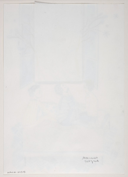 kolaż - Przedstawienie barwne trzech siedzących na łóżku z pościelą chłopców, patrzących w okno nad nimi. Ubrania chłopców rysowane ołówkiem, wnętrza z wzorami ekoliną: jedna w żółte kropki (bluza chłopca po lewej), druga w niebieskie poziome paski (chłopiec pośrodku), trzecia w żółte wąskie pionowe paski. Za oknem (przestrzeń za oknem - naklejona) widoczne są drzewa i biały księżyc u góry, na głównie ciemnoniebieskim, a u dołu różowofioletowym tle. Drzewa znajdują się w oddali, jednak górna część gałęzi drzewa najbardziej po lewej i drzew po prawej znajdują się przed niebieskimi (ekolina) szybami otwartych do wewnątrz okiennic - wyraźnie we wnętrzu pokoju; po lewej i prawej stronie okna, we wnętrzu pokoju, widoczne są także gwiazdy (narysowane schematycznie czterema kreskami). Liście drzew, które są za oknem, są zielone i brązowe (kredki), liście we wnętrzu pokoju - niebieskawe (ekolina). Pnie i gałęzie brązowe (kredka)Na łóżku, przed chłopcami, dwie poduszki (elementy naklejone) jedna z nich intensywnie czerwona; trzecia trzymana przez chłopca po prawej. Przednia część łóżka również skomponowana z elementu naklejonego, niebiesko-zielonego. Dolna część kompozycji - podłoga widoczna po lewej i prawej od łóżka i u dołu - z potrójnymi kreskami (niebieska ekolina).  Górny róg elementu przestrzeni okna wychodzi poza krawędź karty.
