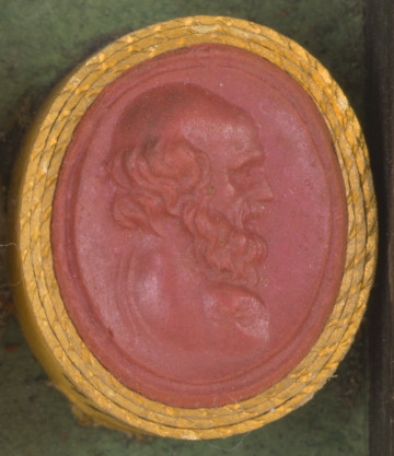czerwona owalna gemma w grubym złotym obramowaniu; prawy profil dojrzałego mężczyzny, łysiejącego, z kręconymi włosami z tyłu głowy oraz długą kręconą brodą