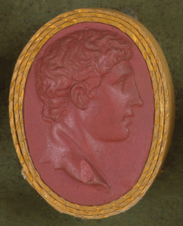 czerwona owalna gemma w grubym złotym obramowaniu; popiersie młodego mężczyzny widziane z prawego profilu. Ma krótkie kręcone włosy, nie ma zarostu; fragment gemmy na ramieniu postaci ukruszony 