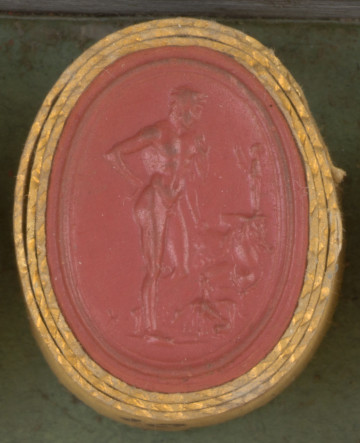 czerwona owalna gemma w grubym złotym obramowaniu; postać młodego, nagiego mężczyzny stojącego przed posążkiem bogini; mężczyzna prawą rękę opiera na biodrze, a w lewej trzyma włócznię. U jego stóp siedzą trzy psy, a obok leży poroże.