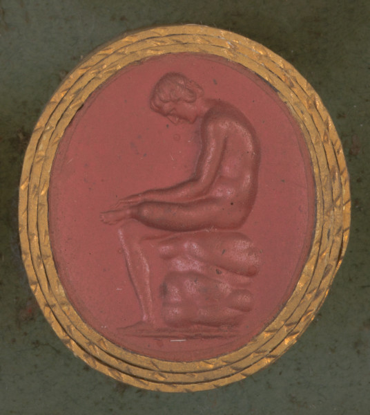 czerwona owalna gemma w grubym złotym obramowaniu; młodzieniec siedzący na kamieniu, z założoną lewą nogą na prawą, pochyla się nad stopą opartą o kolano i wyjmuje z niej cierń