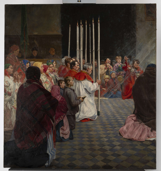 Scena rodzajowa we wnętrzu kościelnym.
Wnętrze wiejskiego kościoła podczas uroczystego nabożeństwa. Kościół wypełniony klęczącymi ludźmi w strojach ludowych. W głębi wnętrza, po prawej stronie, grupa wiejskich dzieci. Pośrodku kilku mężczyzn trzymających wysokie świece.
