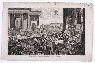 scena alegoryczna; A General Display of the Arts and Sciences - ujęcie z przodu; Na prostokątnej karcie papieru przedstawiono w układzie poziomym zespół architektoniczny wznoszący się pośród rozległego krajobrazu. Pośród architektury rozmieszczono sceny figuralne ukazujące dawnych i współczesnych uczonych, humanistów, przyrodników, inżynierów, artystów zajmujących się przeprowadzaniem eksperymentów naukowych, badaniami, twórczością i refleksją odnoszącą się do rozmaitych dziedzin wiedzy. W kompozycji pokazano przyrządy naukowe, urządzenia, modele, preparaty i schematy. Na bliskich planach, od lewej przedstawiono dysputę nad planem nowożytnych fortyfikacji, rozważania nad formą kartusza portretowego, dywagacje heraldyków, analizę schematu ruchu ciał niebieskich, prace z zakresu geometrii, arytmetyki i optyki, studia globusa astralnego. W głębi po lewej stronie prowadzone są doświadczenia fizyczne, przed i pod portykiem tworzą i rozprawiają malarze i rysownicy, a na prawo od nich muzycy, pod portykiem po prawej stronie odbywa się wykład poświęcony zagadnieniom przyrodniczym. Nad przedstawieniem ślady po wyblakłym lub startym podpisie. Pod przedstawieniem tytuł oraz informacje o twórcach. Brzegi arkusza pożółkle, miejscami naddarte lub pozaginane.