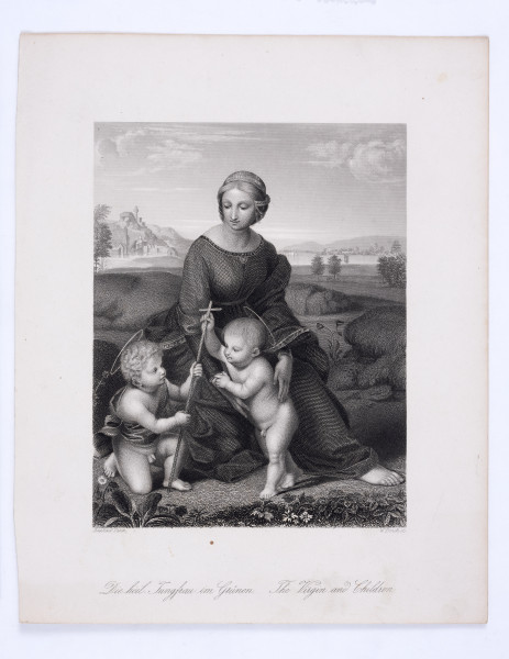 Madonna z Dzieciątkiem (Madonna Belwederska) - ujęcie z przodu; Na prostokątnej karcie papieru przedstawiona w układzie pionowym scena religijna z dziejów życia Jezusa. Młoda Matka Boska w strojnej renesansowej sukni noszonej przez bogate Włoszki, w płaszczu okrywającym nogi, boso, ale w kunsztownej fryzurze, siedzi na kamieniu pośród trawiastej równiny i spogląda na dwóch nagich małych chłopców bawiących się przed nią krzyżem. Matka obejmuje rękoma małego Jezusa stojącego między jej kolanami i chwytającego za krzyż z patyków, który podaje mu przyklękając św. Jan. W dali, za wodą, po lewej stronie wznosi się Golgota zwieńczona wysokim krzyżem, a u jej stóp, nad brzegiem wody widać zabudowę Jerozolimy.