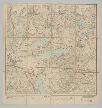 drukowana mapa 1066 Falkenburg I - Ujęcie z przodu; Mapę 1066 Falkenburg I opracowano w 1875, a wydano w 1875 roku. Obejmuje obszar w pobliżu miejscowości Falkenburg, Kreis Dramburg, Reg. Bez. Köslin, Prov. Pommern, dziś Złocieniec, pow. drawski, woj. zachodniopomorskie, Polska. Na drukowanej mapie ręcznie naniesiono warstwę z numeracją obiektów fizjograficznych odnoszących się do miejscowości: Reppow, dziś Rzepowo; Blumenwerder, dziś Piaseczno; Heinrichsdorf, dziś Siemczyno.