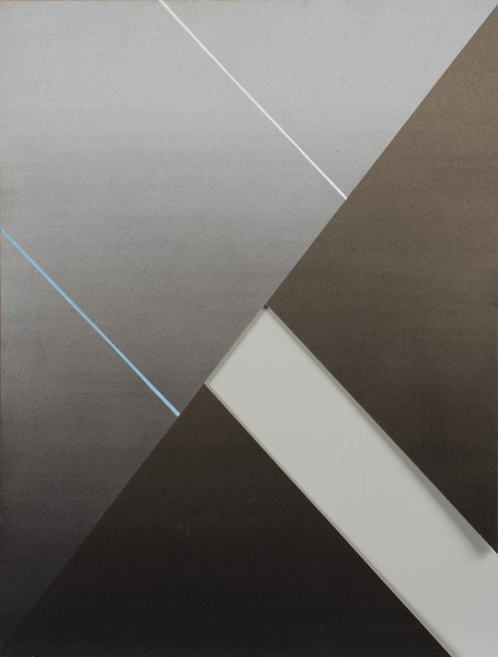 Iluzja integralna V - ujęcie z przodu; Kompozycja prostokątna w układzie pionowym podzielona diagonalnie na dwie trójkątne plamy barw: szarą i czarną. Szary trójkąt przechodzący od tonów jaśniejszych u góry do ciemniejszych na dole wypełnia lewą górną część kompozycji. Jego ramiona wyznaczone są górną i lewą krawędzią obrazu, podstawa zaś to przekątna stanowiąca granicę barw, która biegnie od lewego dolnego narożnika do prawego górnego. Ramiona z podstawą łączą dwa ukośne, cienkie paski - błękitny i biały. Prawą i dolna część kompozycji stanowią dwa czarne trójkąty powstałe na skutek wycięcia w formie pasa, biegnącego ukośnie od prawego dolnego narożnika do przekątnej.