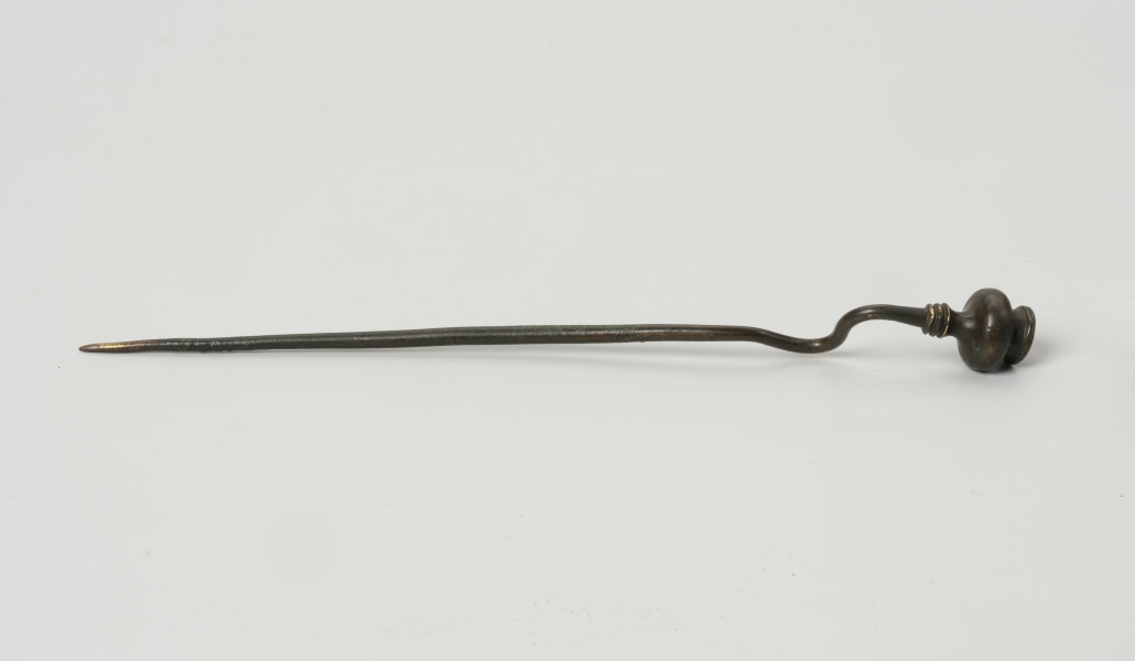 szpila z brązu ze Świchowa - Ujęcie z boku; Szpila z brązu z wygiętą esowato łabędzią szyjką. Zwieńczenie stanowi główka w formie miniaturowej wazy, której podstawę stanowią 3 dookolne zgrubienia w formie pierścieni. Powierzchnia zabytku jest w bardzo dobrym stanie, pokrywa ją ciemnozielona patyna.