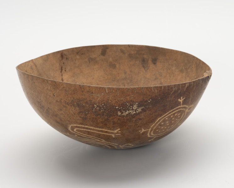 Naczynie do serwowania jedzenia, napojów i guarapo - Ujęcie z przodu; Miska z tykwy o naturalnym jasnobrązowym, orzechowym kolorze z zewnętrzną powierzchnią bogato zdobioną rytymi ornamentami zoomorficznymi i jednym antropomorficznym. Ornamentacja wykonywana za pomocą metalowego narzędzia, jego ślady w postaci płytkich i drobnych nacięć widoczne są na wyrytych czterech rysunkach przedstawiających postać ludzką oraz trudne do zidentyfikowania zwierzęta. Na zewnętrznej powierzchni tykwy widoczne są mniejsze nacięcia i wgłębienia, przetarcia oraz ślady użytkowania.