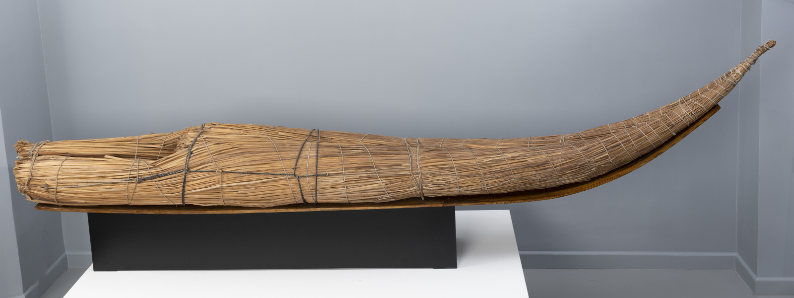 caballito de totora (łódź trzcinowa) - Ujęcie z tyłu; Ponad czterometrowa łódź trzcinowa o naturalnym jasnobrązowym kolorze z wysoko zadartym ku górze długim, zwężającym się dziobem z prawej oraz grubą, płasko ściętą rufą z lewej. Kształtem przypomina gruby cios słonia. Została zbudowana z dwóch wiązek trzciny mocno skrępowanych przez poprzeczne wiązania. W ten sposób nadano łodzi pożądany, żeglowny kształt. Wśród wiązek trzcinowych tworzących rufę uformowano trójkątne zagłębienie służące do przechowywania narzędzi rybackich (sieci, lin, pułapek) i złowionych zdobyczy.