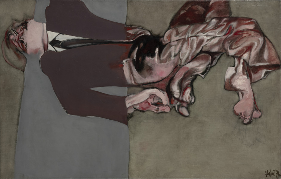 Zmięty i odprasowany - ujęcie z przodu; Kompozycja w układzie poziomym, jednoplanowa z odcieniami brązów, różu, czerwieni, bieli, ugru na tle utrzymanym w szarościach. Leżąca postać mężczyzny wypełnia szerokość obrazu i zajmuje 2/3 wysokości kompozycji od góry. Neutralna szara płaszczyzna tła przedzielona jest po lewej stronie pasem pionowym w kolorze szarym o stalowym odcieniu. Tors, fragment głowy i ręka mieszcząca się w strefie pasa potraktowane płasko. Fragment głowy po lewej poza pasem oraz nogi, spodnie zdeformowane, tkanina pofałdowana.