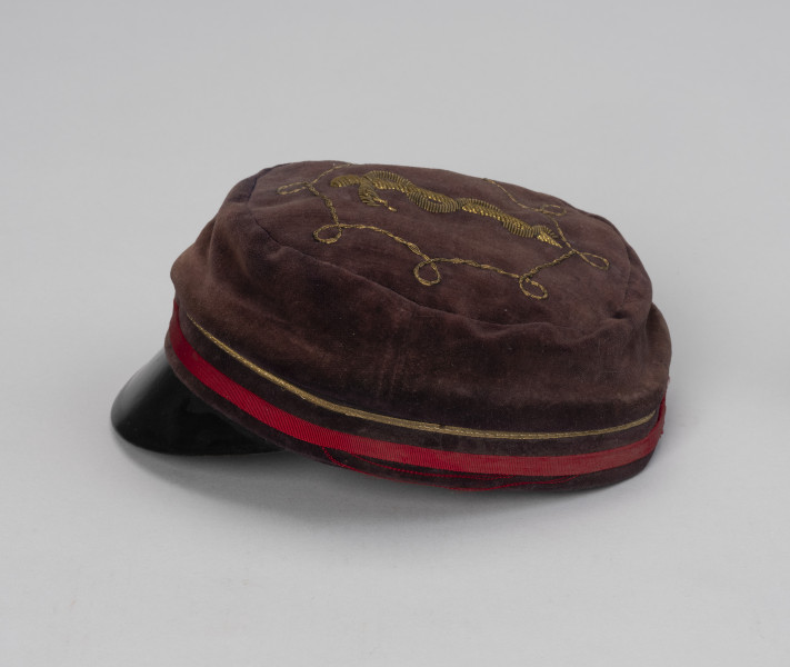 czapka studencka - Ujęcie z boku; Czapka męska z brązowego aksamitu o okrągłym denku, z czarnym plastikowym daszkiem. Na denku, w przedniej części czapki wyszyty żółtą nicią wąż owinięty spiralnie na lasce.