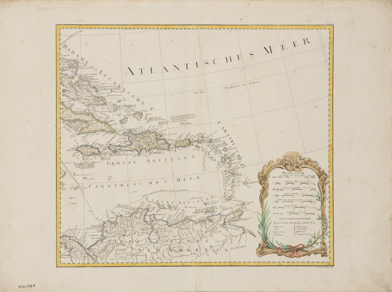 Mapa Wielkich i Małych Antyli oraz Morza Karaibskiego - ujęcie z przodu; Mapa Wielkich i Małych Antyli oraz Morza Karaibskiego o wymiarach: szer. 61,5 cm x wys. 83 cm, obejmująca obszar od Bahamów przez ujście rzeki Santa Clara (Kuba) i Panamę na zachodzie; na południu od Kartageny, przez północne wybrzeże Ameryki Południowej do Trynidadu i Barbados. Na arkuszu widoczny odcisk płyty o wymiarach 58 x 65 cm. Napisy poza ramką mapy: dół, prawy róg - 