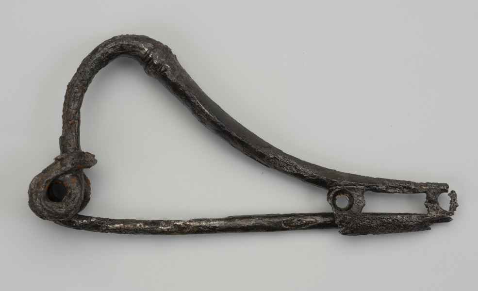 fibula wariant N wg Kostrzewskiego - Ujęcie z drugiego boku; Żelazna zapinka wariantu N wg Kostrzewskiego, z wysokim kabłąkiem z okrągłego drutu, z guzem plastycznym. Sprężynka z czterema zwojami i dolną cięciwą. Ażurowa pochewka ma dwa otwory.