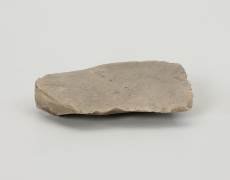 drapacz - Ujęcie z dołu; Drapacz wykonany został na fragmencie wióra z krzemienia kredowego bardzo dobrej jakości. Nie zachowała się część proksymalna. Na stronie wierzchniej widoczne są powierzchnie gładzone, co wskazuje, że wiór został odbity z rdzenia uformowanego na gładzonej siekierze neolitycznej.