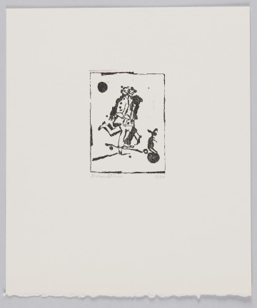 odbitka graficzna - Grafika z dwoma postaciami w centrum sceny oraz kształtem przypominającym stojącego na dwóch łapach królika. Sylwetki postaci połączone ze sobą. Przedstawienie wpisane w prostokątną ramkę stojącą na krótszym boku.